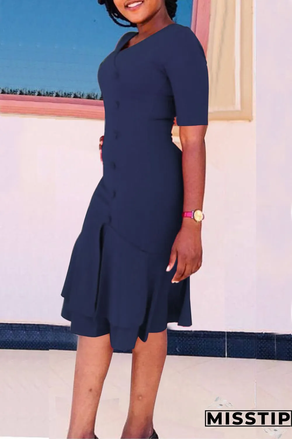 Dark Blue Fashion Slim V-neck Ruffled Dress
