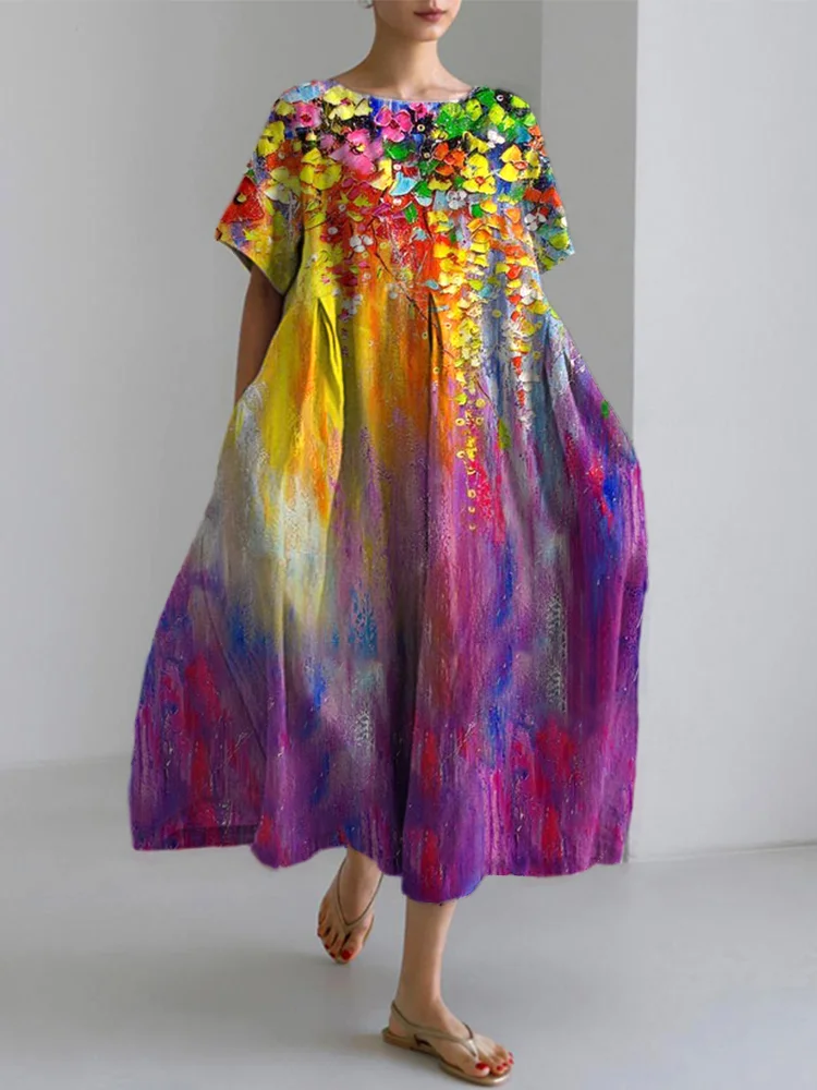 VChics Colorful Oil Painting Floral Pattern Cozy Cotton Linen Dress