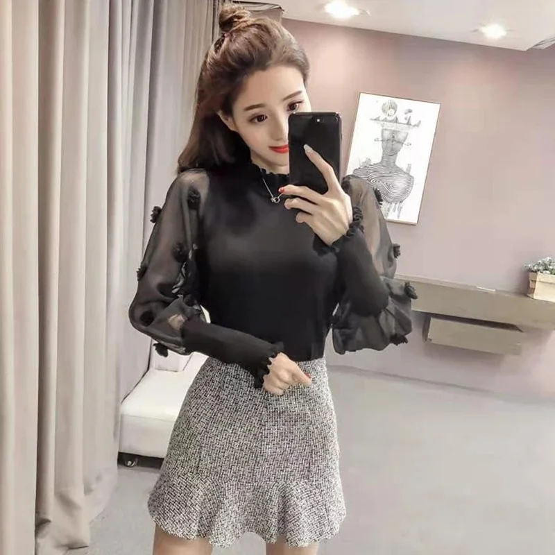 Cartoonh Korean Chic Floral Ruched Pullover Women Fashion Patchwork Mesh Long Sleeve Blouses Femme Knitted Streetwear Tops Woman
