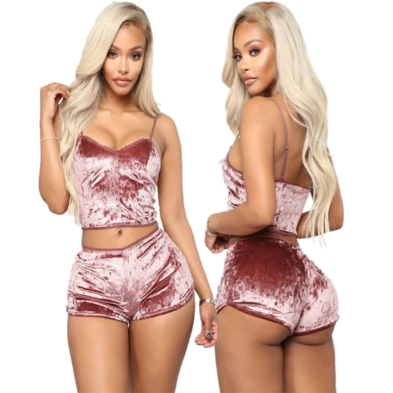 Women Sexy Velvet Crop Tops Pajamas Set