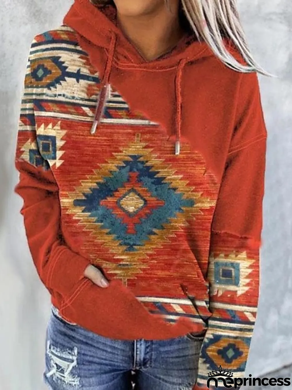 Women's Hoodie Sweatshirt Pullover Geometric Vintage Ethnic Street Casual Front Pocket Red Blue Green Vintage Ethnic Neon & Bright Hoodie Long Sleeve Top Micro-elastic Fall & Winter