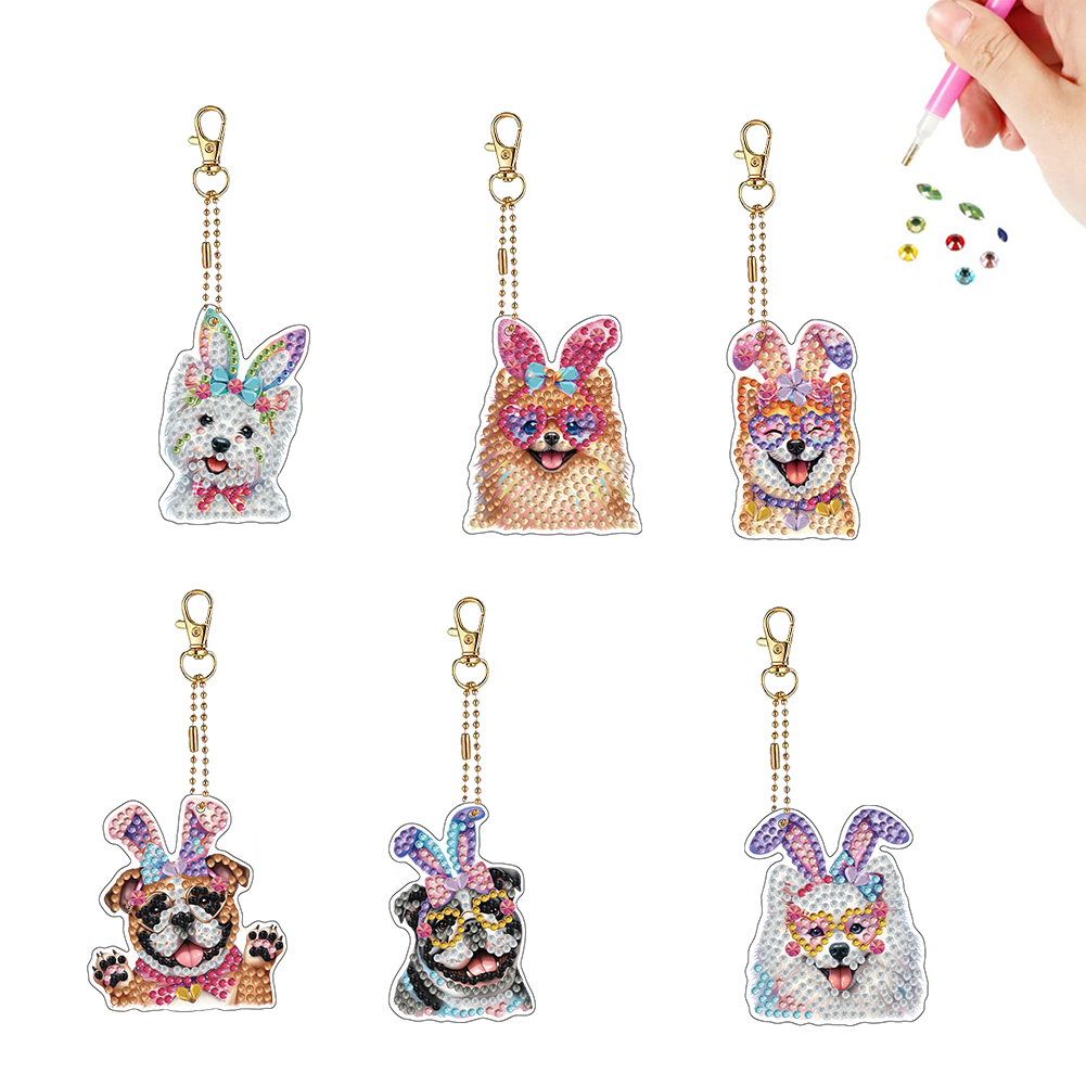 6Pcs Double Sided Special Shaped Dog DIY Diamond Painting Keychain for Adults