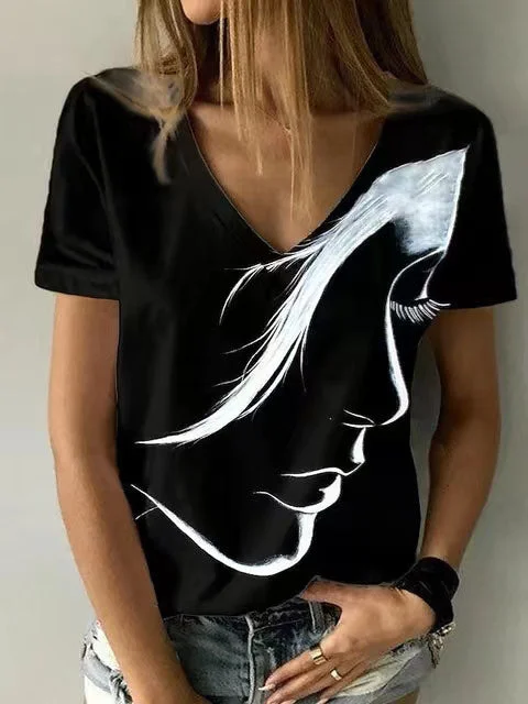Women's Summer Short-sleeved V-neck Graphic Casual Top