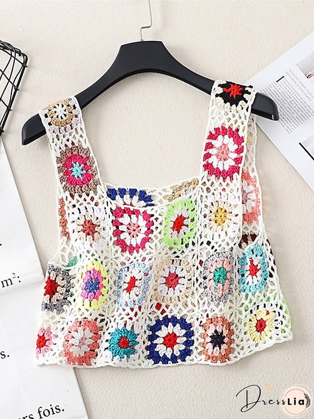 Women's Sweater Vest Jumper Crochet Knit Embroidered Hole Floral Square Neck Stylish Sexy Daily Holiday Summer Spring
