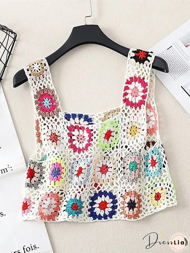 Women's Sweater Vest Jumper Crochet Knit Embroidered Hole Floral Square Neck Stylish Sexy Daily Holiday Summer Spring