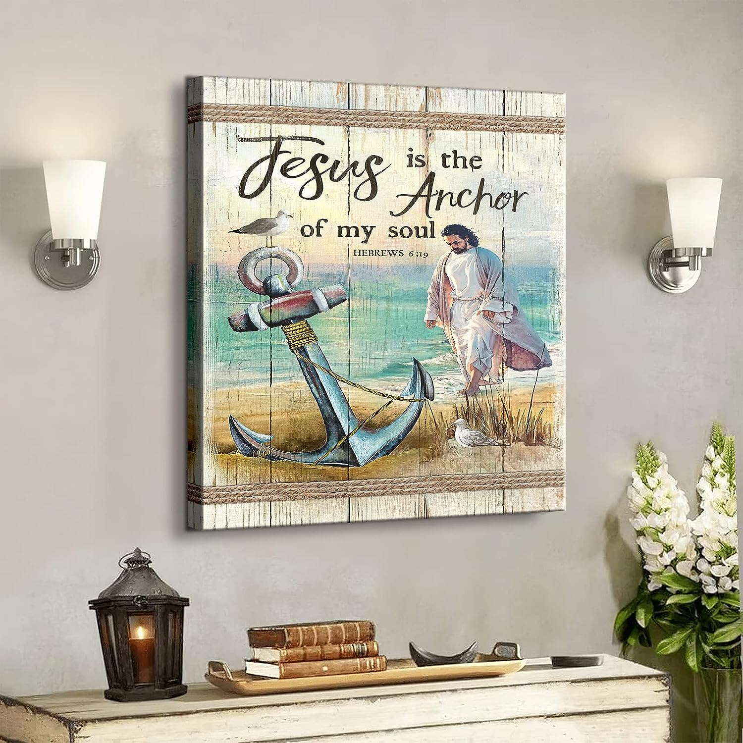 Christian Anchor Wall Art Beach Coastal Pictures Christian Wall Decor Jesus Walking on Water Painting Nautical Wall Art for Bedroom Bathroom Living Room Scripture Artwork Framed 12 inch x16 inch  Anchor 1