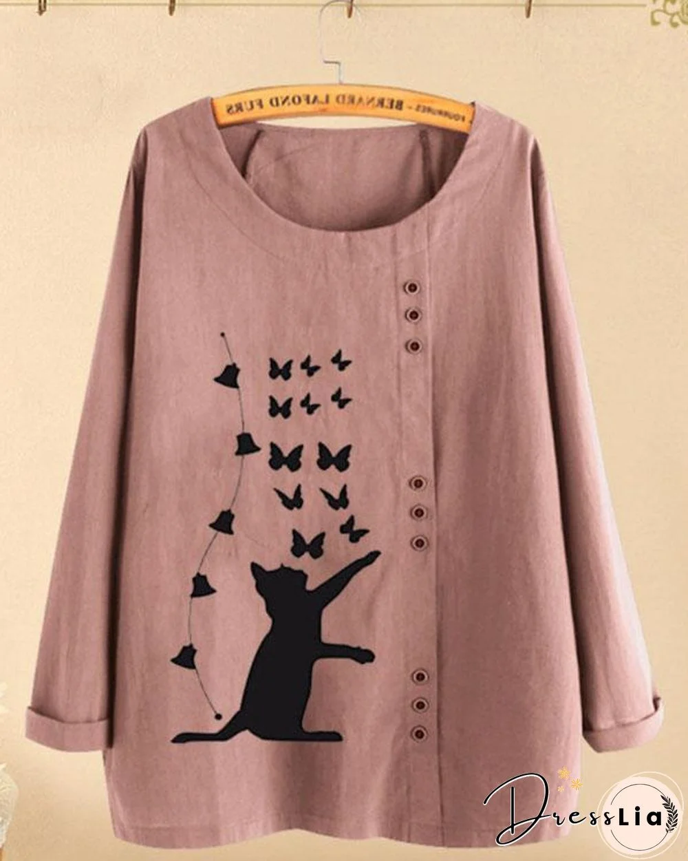 Fall Fashion Cat Butterfly Print Button Large Sizes Long-sleeved Shirts