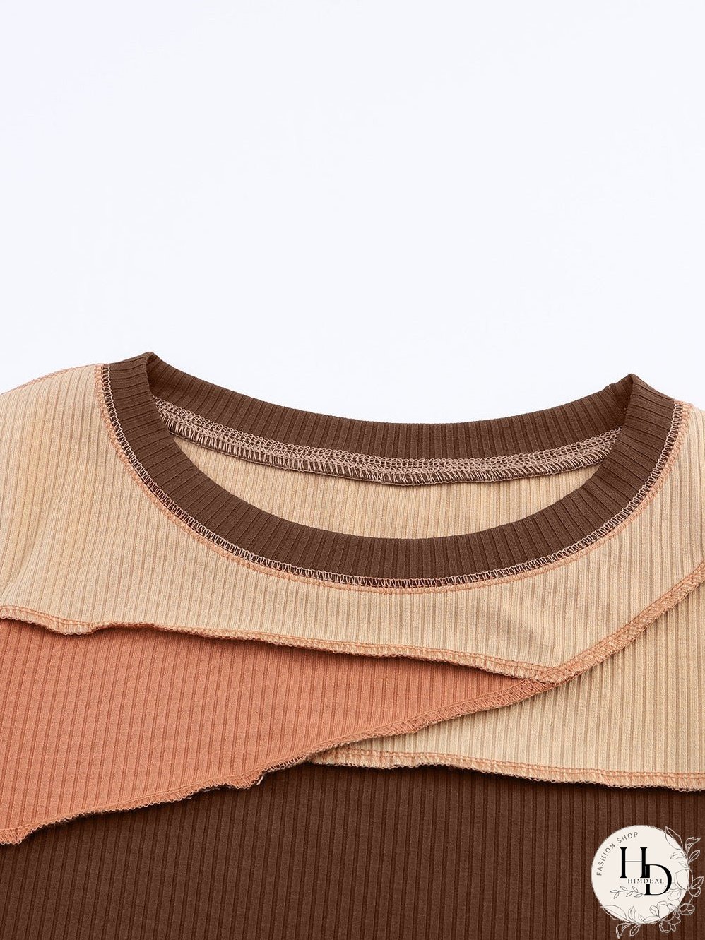 Knit Top with Exposed Seam Detail in Brown Color Block