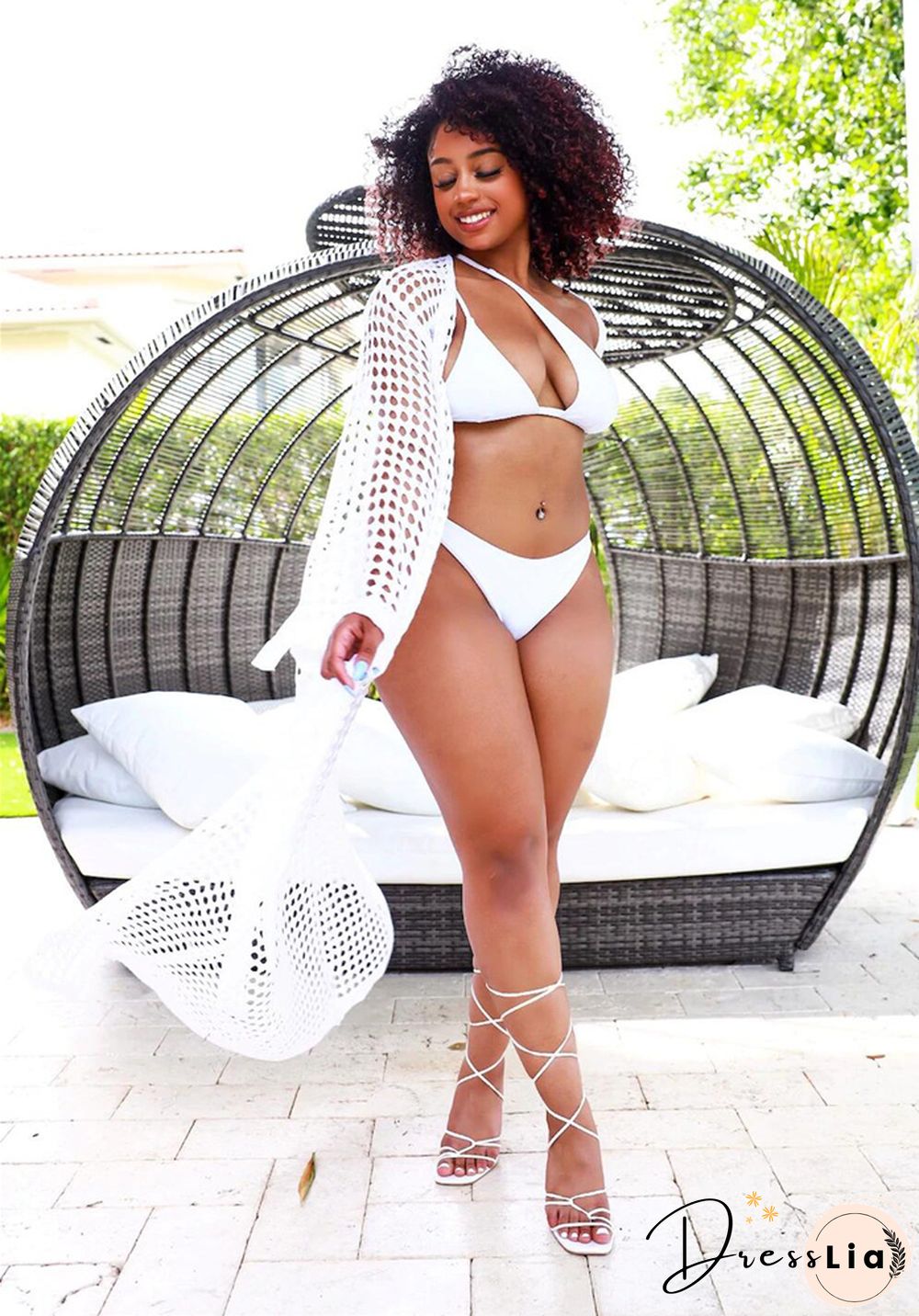 Beachwear Long Sleeve Mesh Grid Cardigan Cover-ups