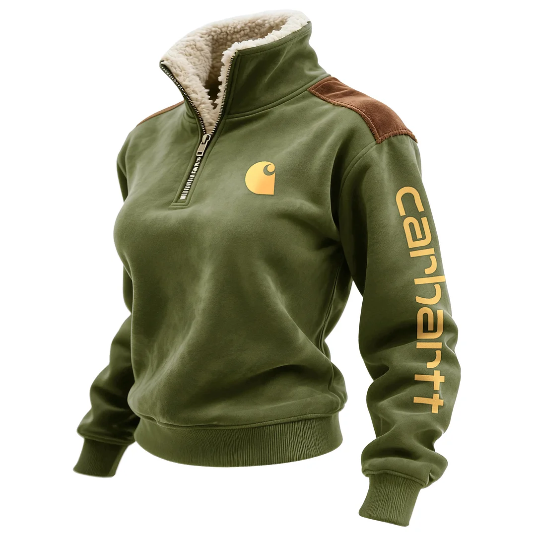 Retro Western Style Women's Contrast Color Patch Suede 1/4 Zip Stand Collar Sweatshirt