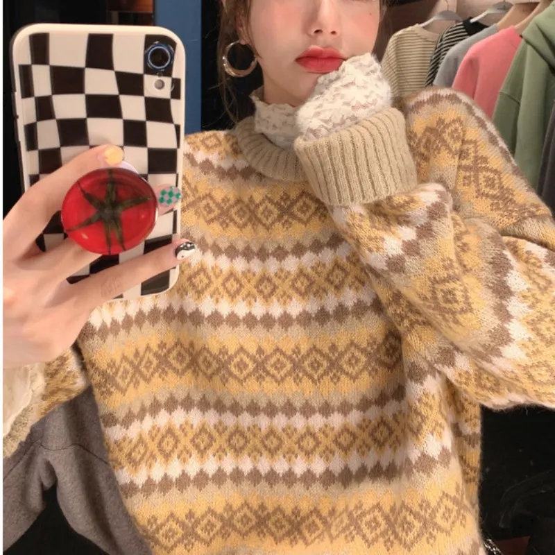 Churchf Churchf Jacquard Diamond Loose Sleeve Knit Sweater Female Student 2024 New Autumn And Winter Outside Wear Lazy Wind