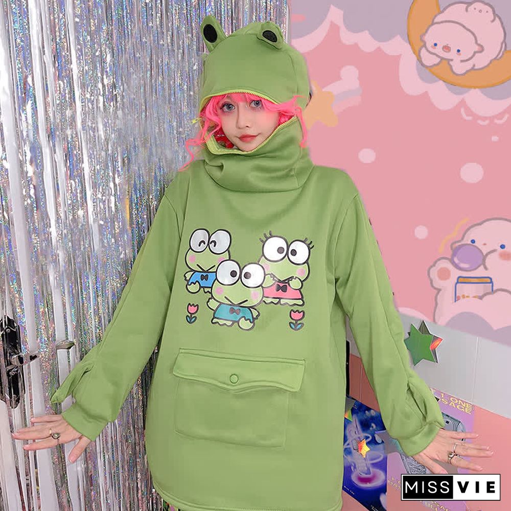 Cartoon Frog Print Pocket Plush Zipper Hoodie