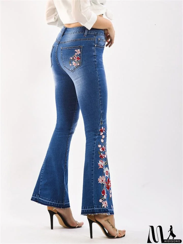 MidiSono - New Washed Effect Embroidery Skinny Flare Denim Pants