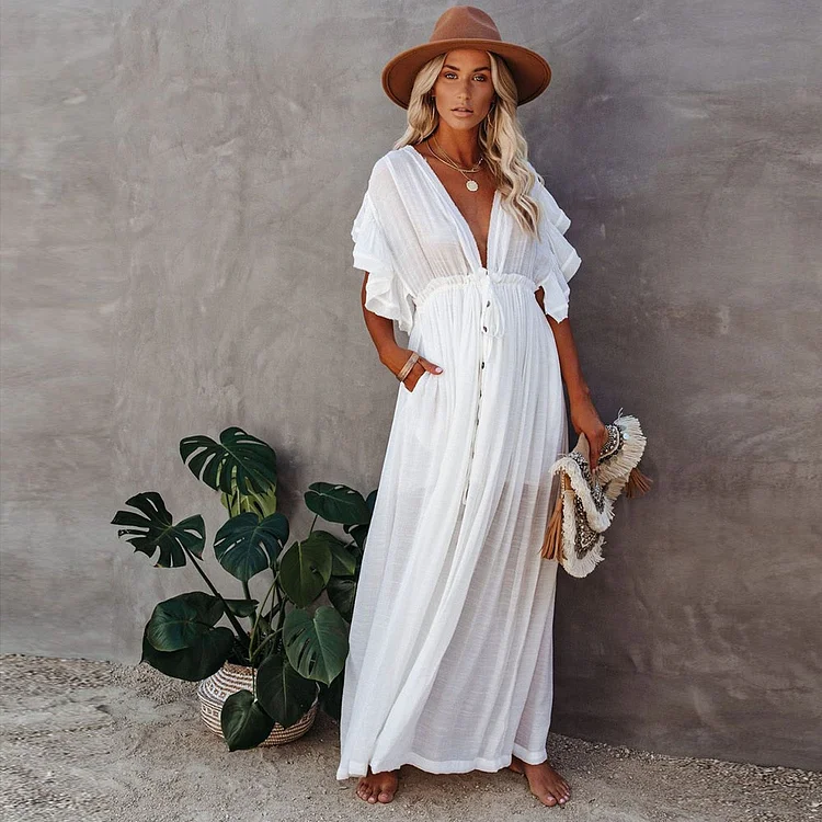 Butterfly Sleeve Solid Casual Backless Long Beach Dress
