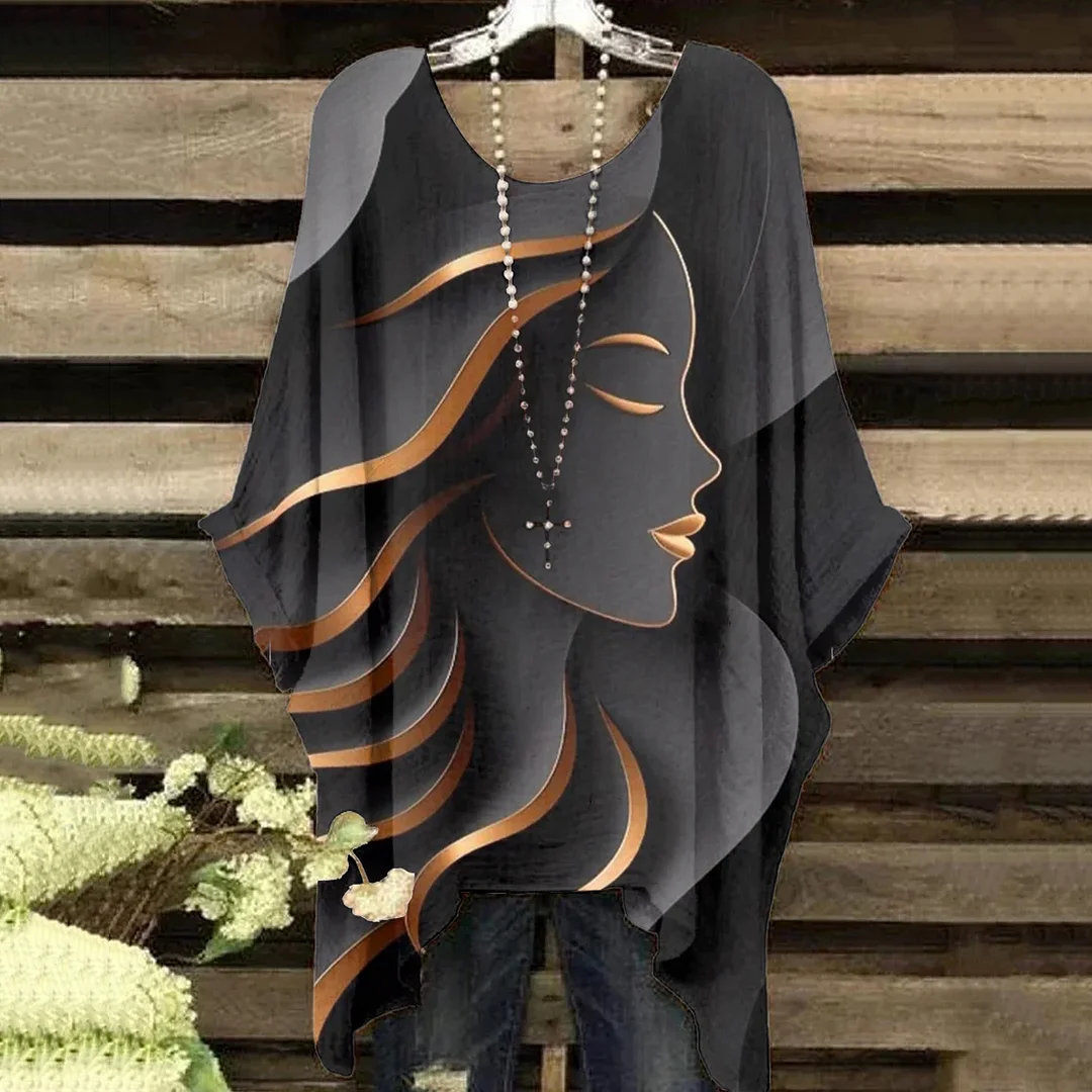 Vintage Round Neck Gold Stripe Face Art Irregular Shirt