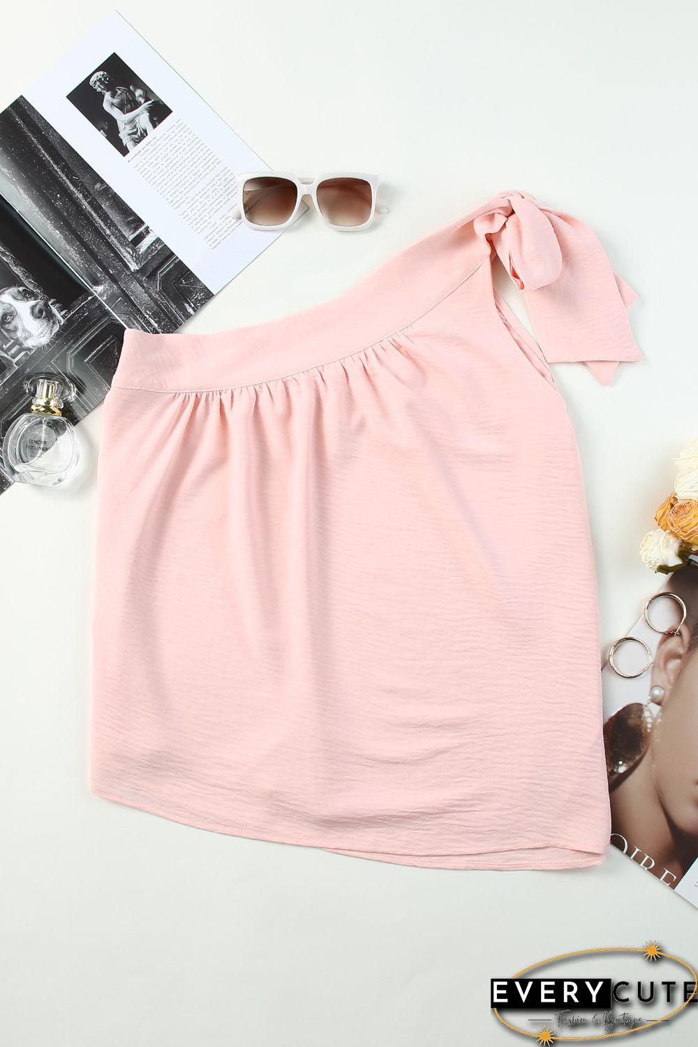Pink Asymmetric Tie On Shoulder Sleeveless Top