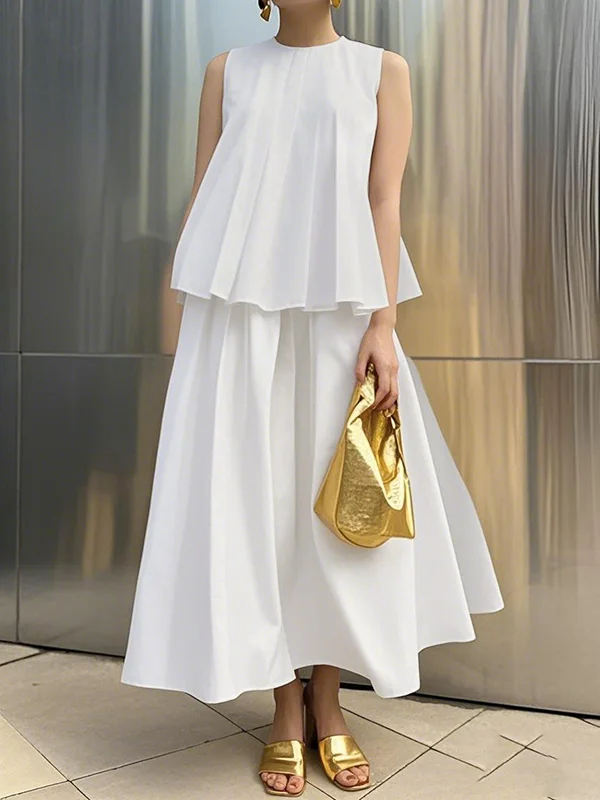 Solid Color Pleated Sleeveless Loose Round-Neck Vest Top