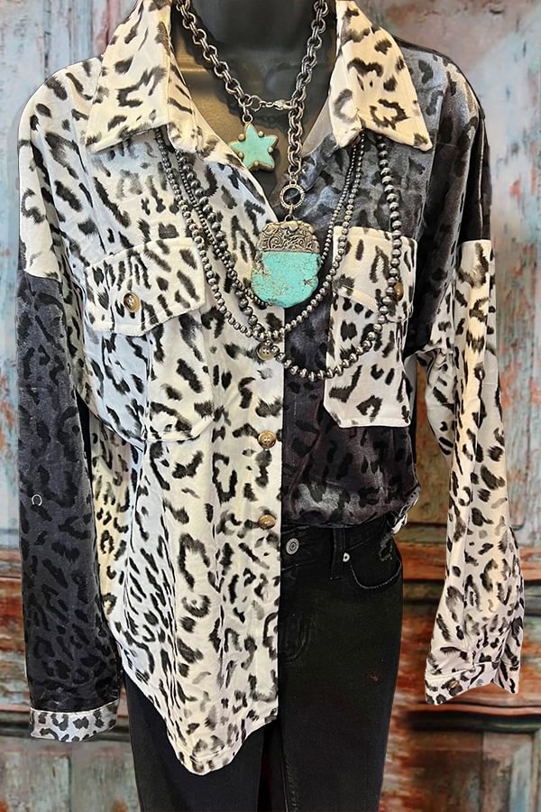 Color-block Leopard-print Velvet Shirt