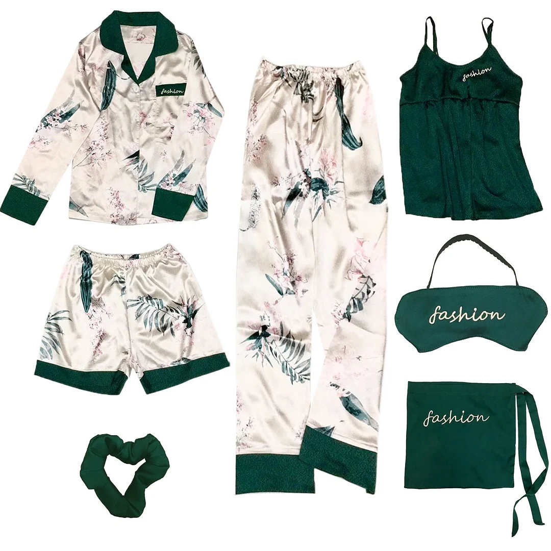 Seven-Piece Pajamas Women'S Summer Spring And Autumn Real Silk Short-Sleeved Suit