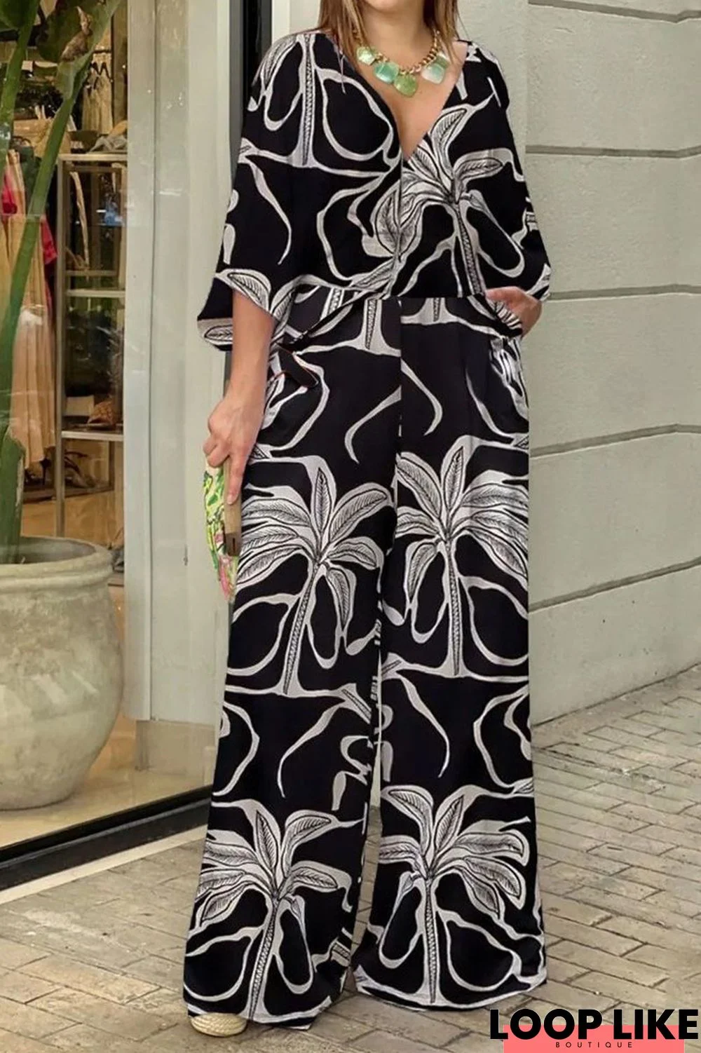 Casual Floral Printing V Neck Loose Jumpsuits