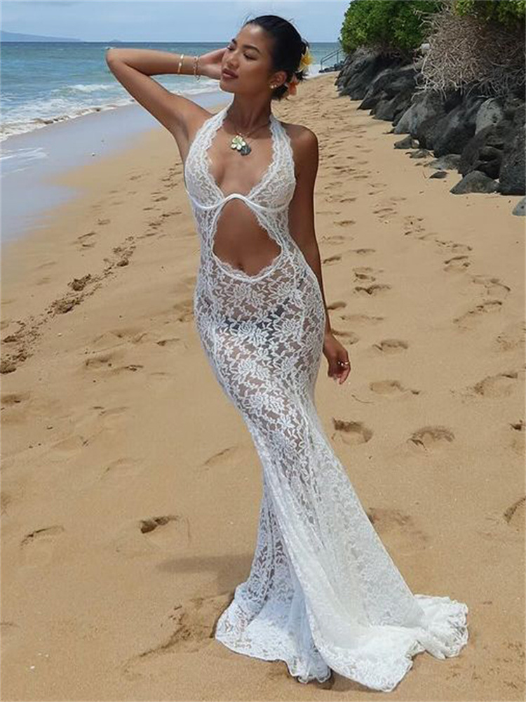  Hollow Out Lace Sexy Long Dress For Women See-Through Sleeveless Backless Fashion Printed Party Dress Summer Maxi Dress