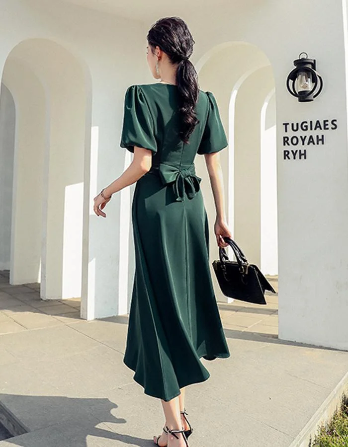 Bubble Short-sleeved Green Big Swing Dress