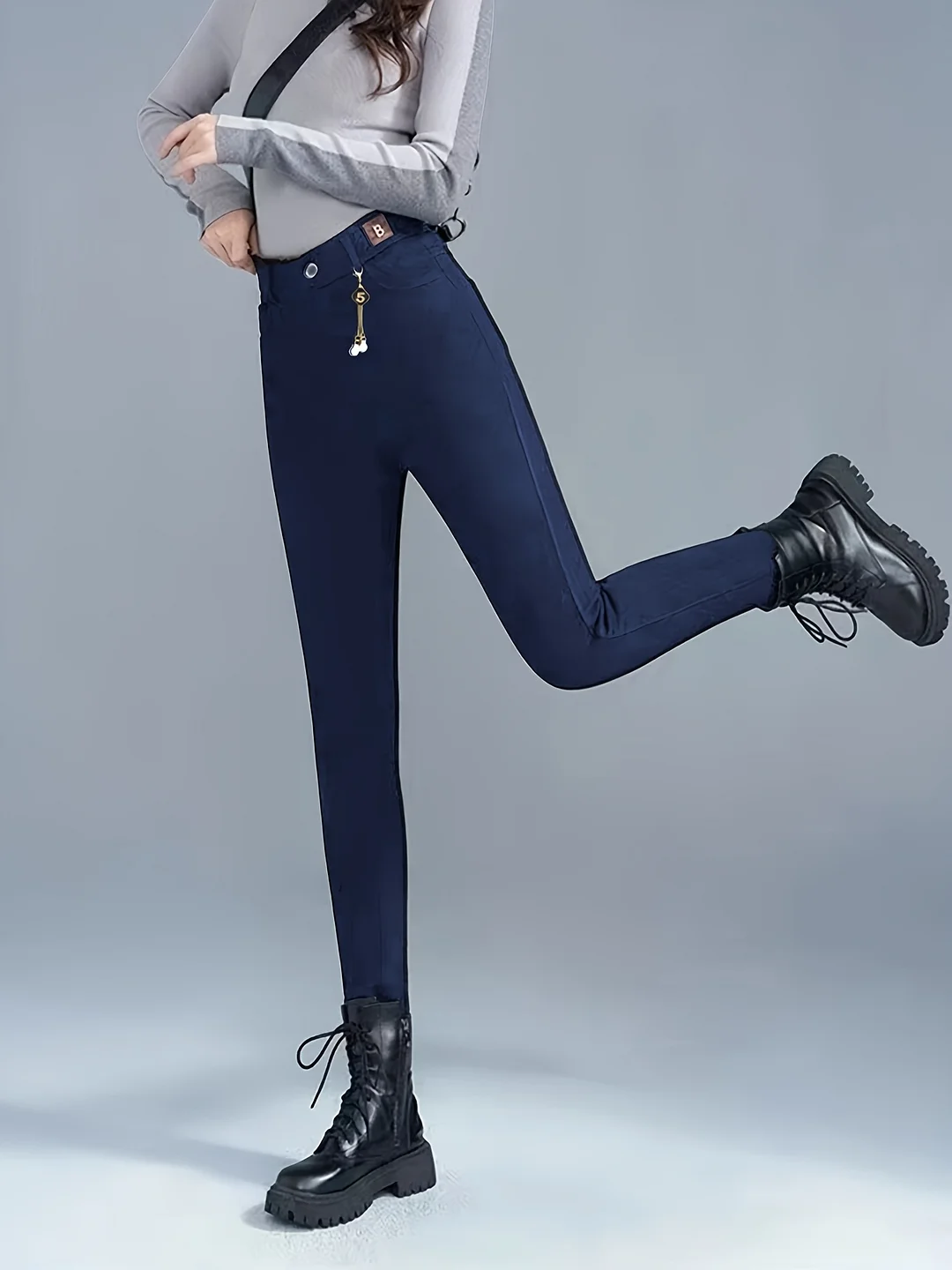 Women's High Waist Basic Black Solid Color Asymmetrical Yarn Polyester Jegging Pants, Slim Fit, Small Foot,, For Spring/Autumn | IFYHOME