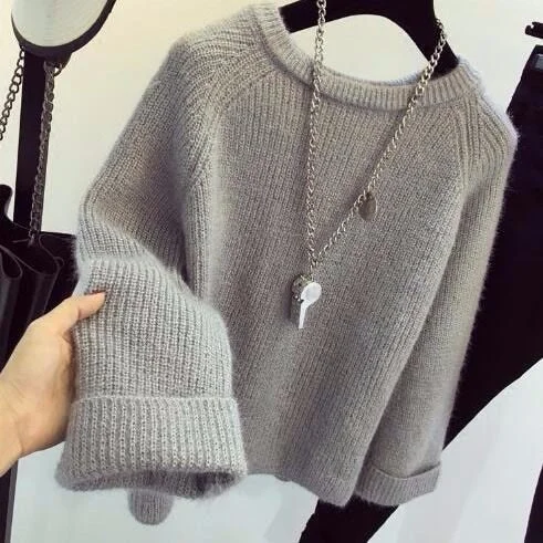 Loose Knitted Round Neck Sweater Women Simple Fashion Small Fresh Style Elastic Solid Bottoming Sweater Pullover Female Spring