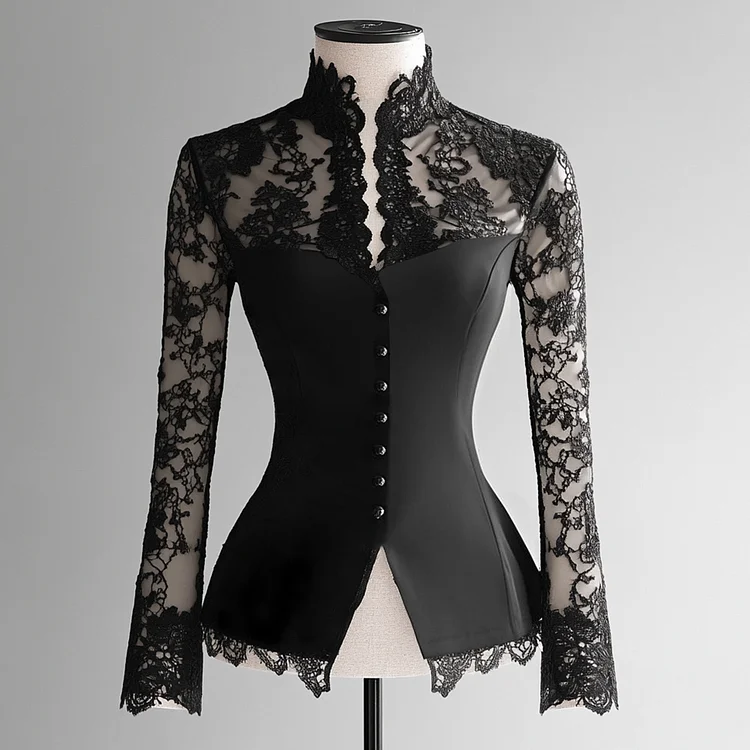 Ursime Lace Patchwork Stand Collar Button See-Through Long Sleeve Blouse