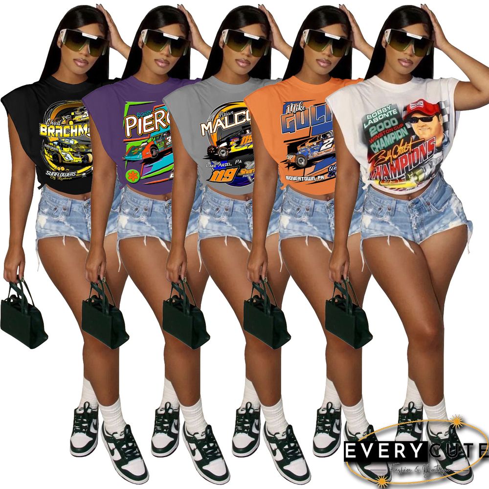 Racing Print Sleeveless Side Cutout T-Shirt Top