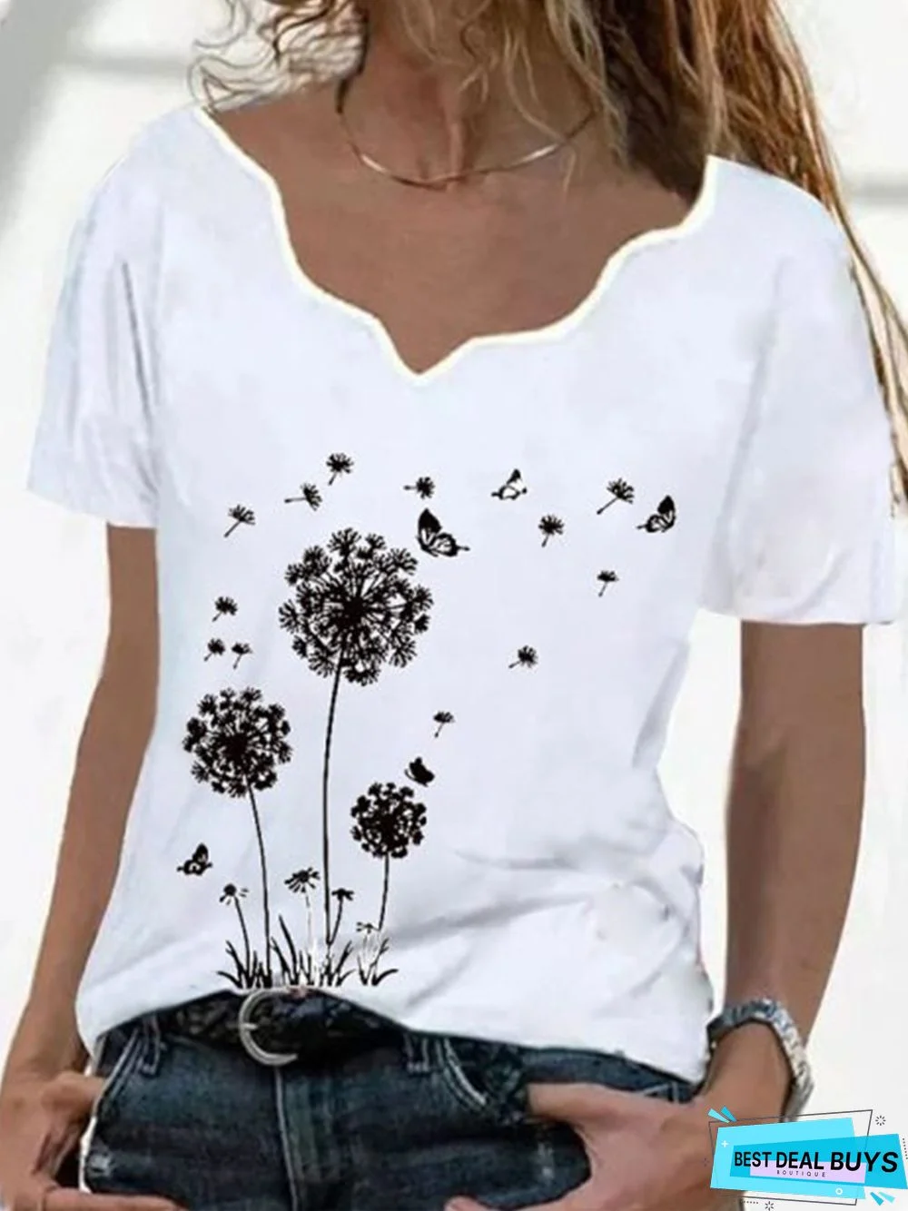 Vintage Short Sleeve V Neck Dandelion Printed Plus Size Casual Tops