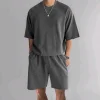 Men's Casual Loose-Fit Solid-Color Crewneck T-Shirt & Shorts Two-Piece Athletic Set by Inlyline