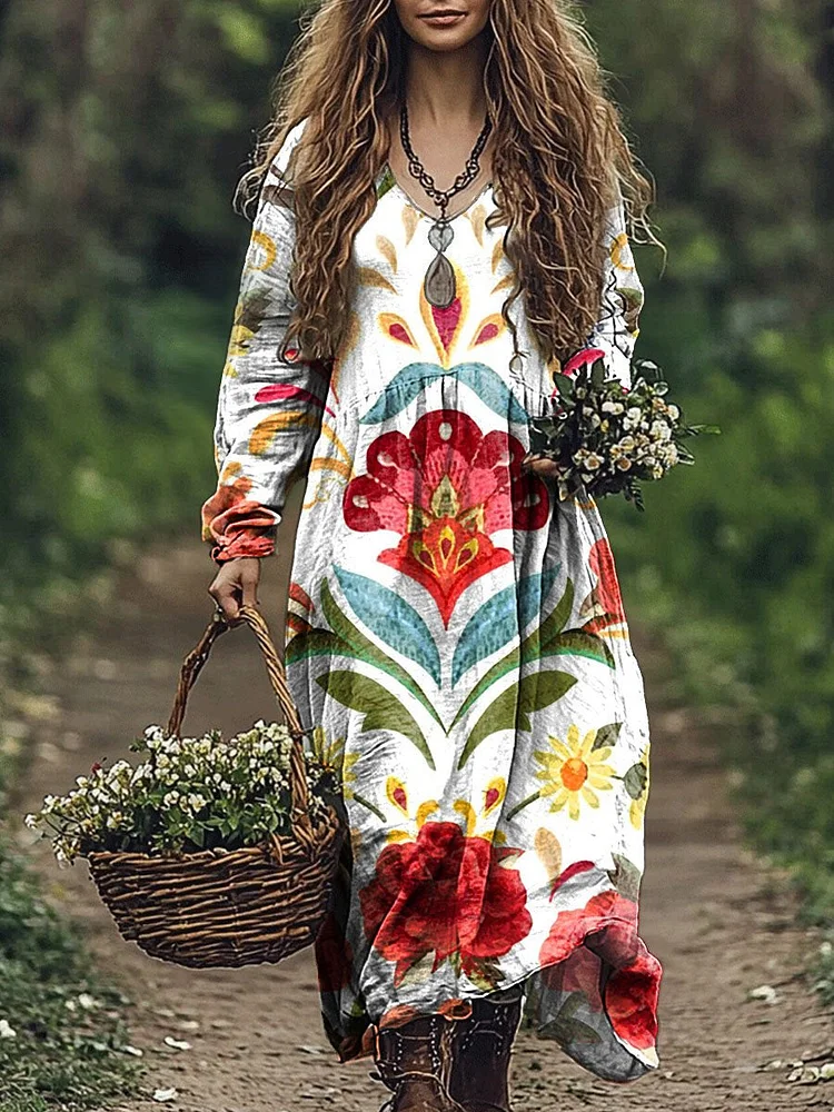 Women's Retro Flowers Print Pocket Cotton Dress