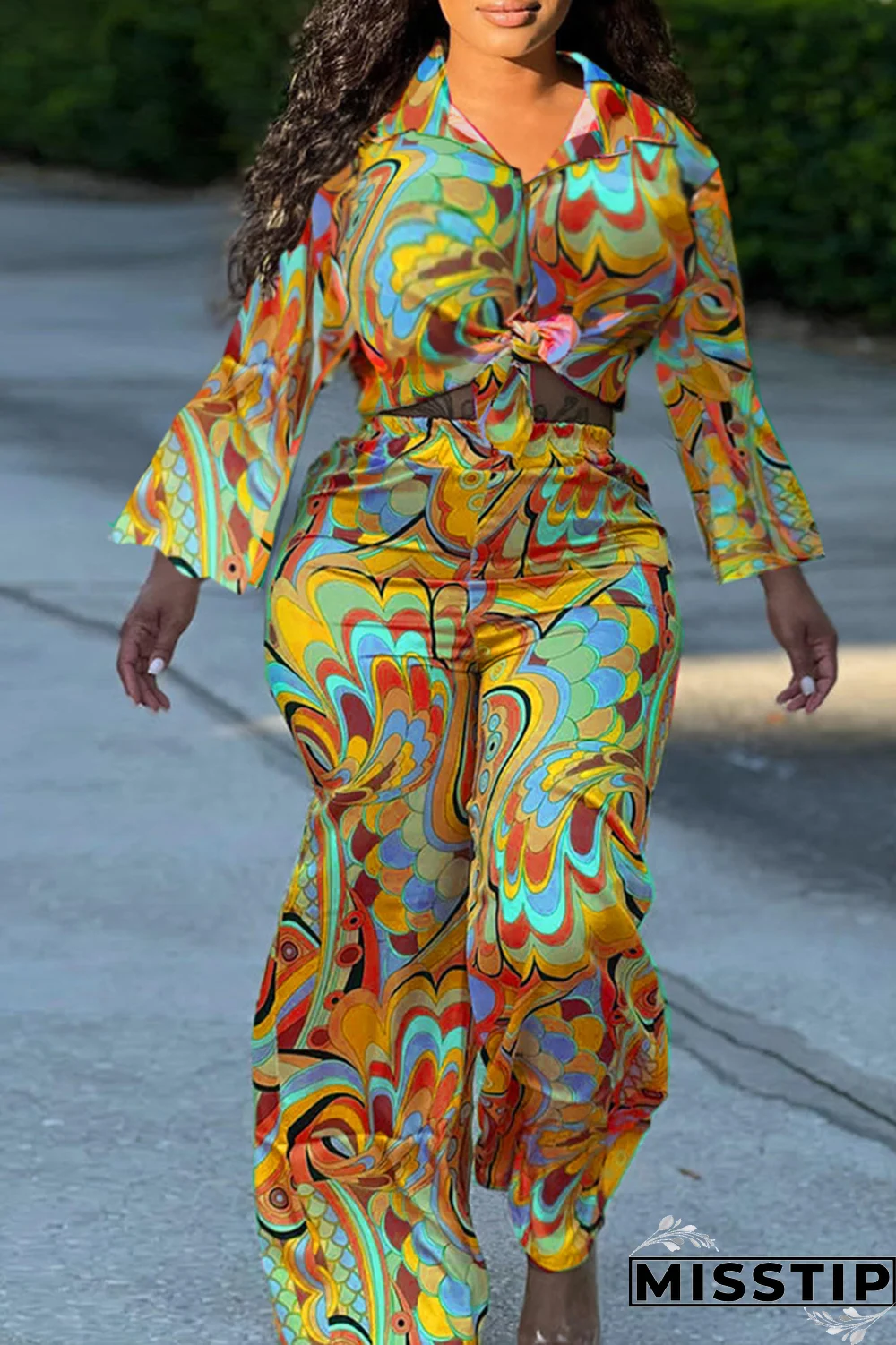 Fluorescent Green Fashion Print Patchwork Turndown Collar Long Sleeve Two Pieces