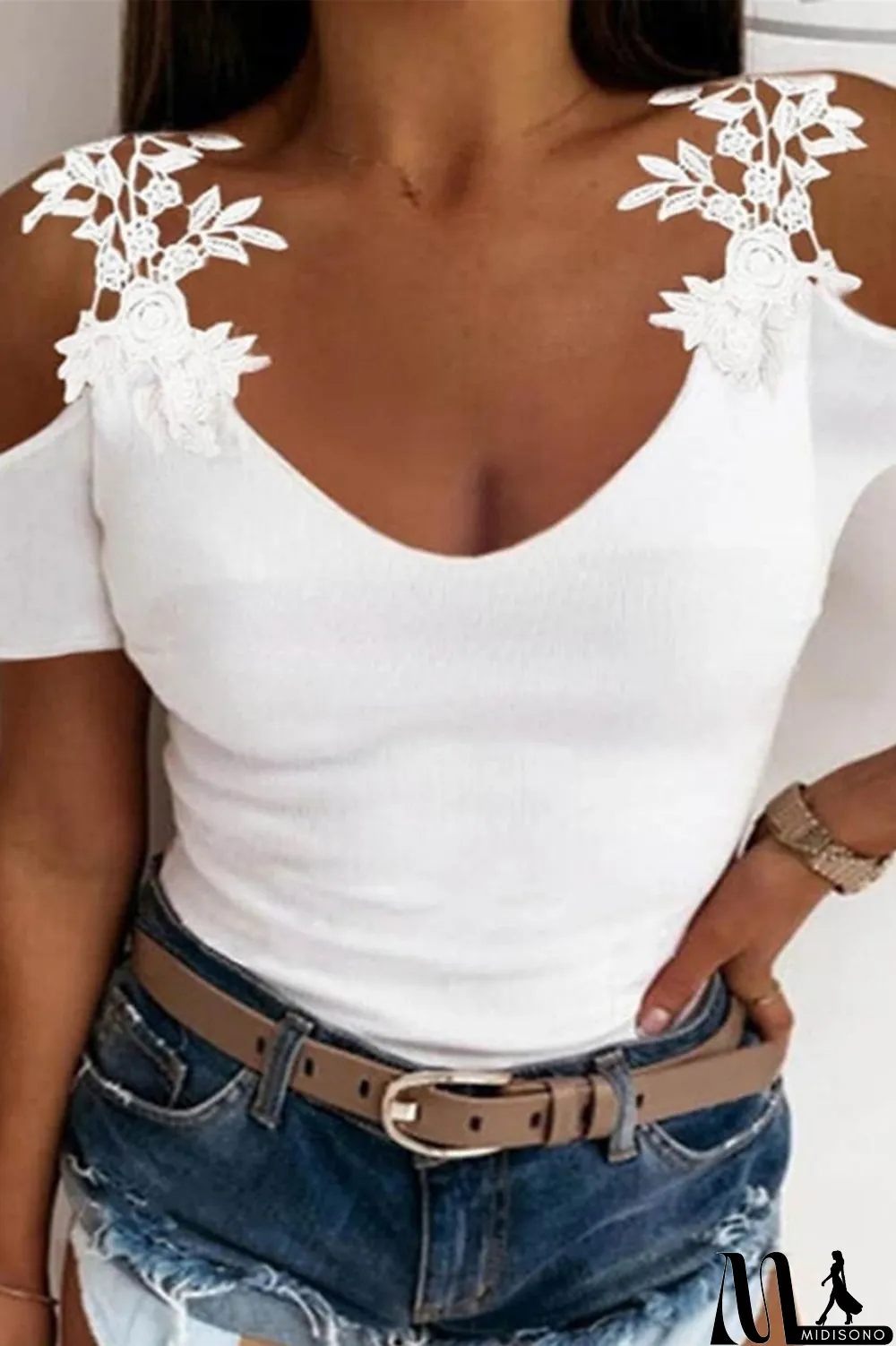 MidiSono - White Casual Solid Hollowed Out V Neck T-Shirts