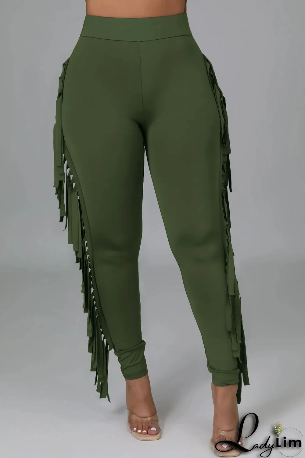 Army Green Fashion Casual Solid Tassel Regular High Waist Pencil Trousers