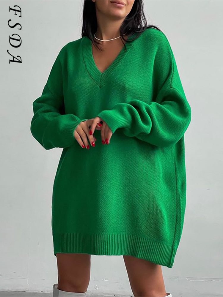 FSDA Y2K Knitted Women Pullover Green V Neck Long Sleeve 2021 Loose Casual Sweater Dress Autumn Winter Oversized Top