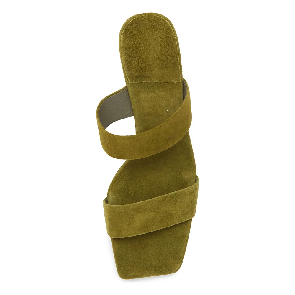 Olive Open Square Toe Chunky Heel Platform Two Strap Mules for Women 