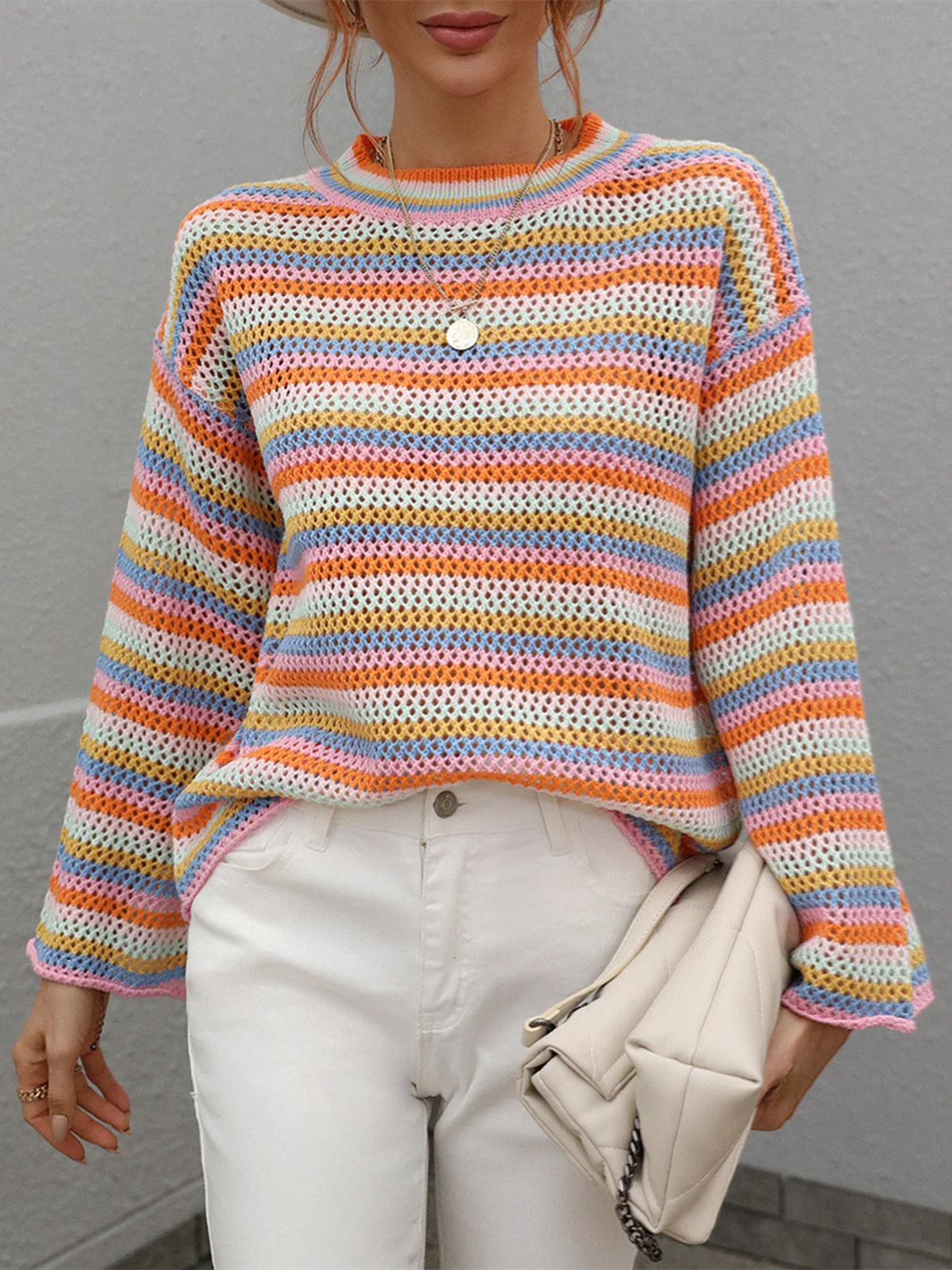 Women plus size clothing Women's Scoop Neck Long Sleeve Striped Top Knit Sweater-Nordswear