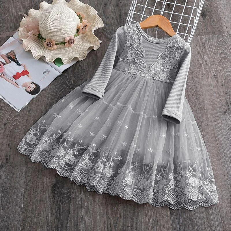 Kids Dress for Girls Christmas Princess Dress Lace Mesh Embroidery Flower Printed Winter Dresses Children New Year Party Costume