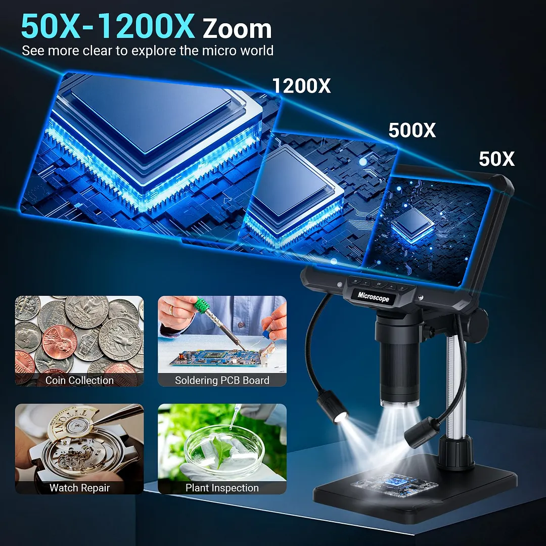 7" Digital Microscope for Adults, 16MP 1080P Coin Microscope with10 Adjustable Lights, Windows Mac OS Compatible