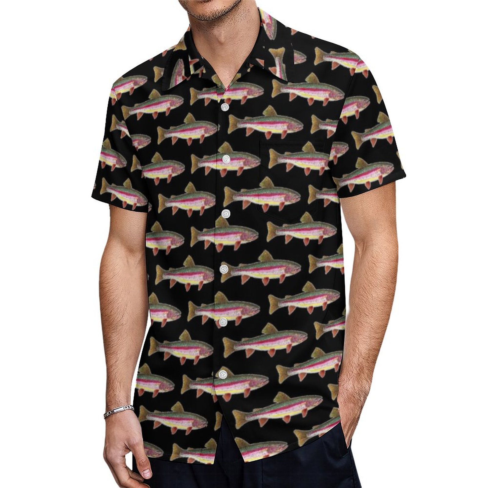 Fun Rainbow Trout Love Fly Fishing Ichthyology Hawaiian Shirt Mens Button Down Tropical Hawaii Beach Shirts