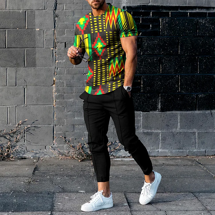 BrosWear Trendy Color-Blocking Reggae Ethnic Print Short Sleeve T-Shirt And Pants Co-Ord