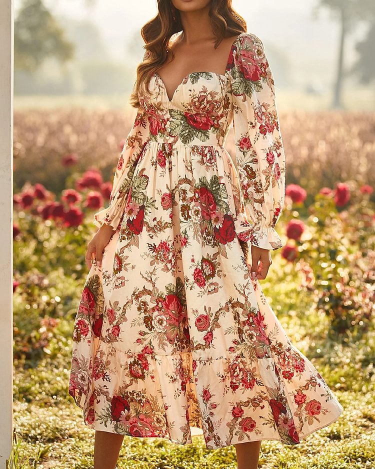 Casual Floral Print Square Neck Dress