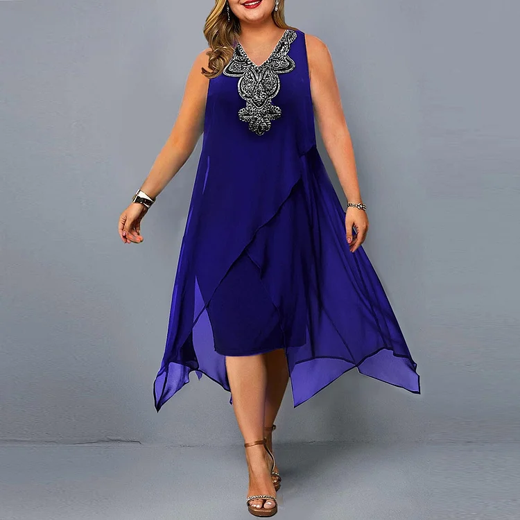Plus Size Dresses Women Elegant Embroidery Evening Party Dress 2022 New Summer Blue Mesh Sleeveless Casual Dress Club Outfits QueenFunky