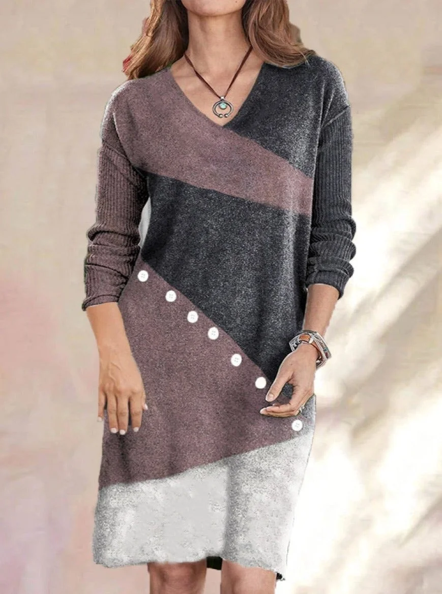 Casual Print V Neck Long Sleeves Shift Dress
