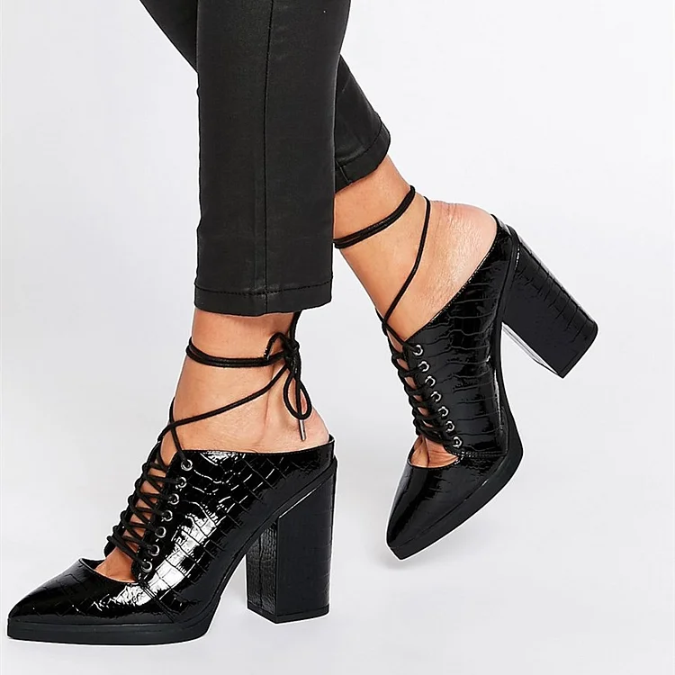 Black Croco Embossed Block Heel Pointy Toe Lace Up Mules for Women |FSJ Shoes