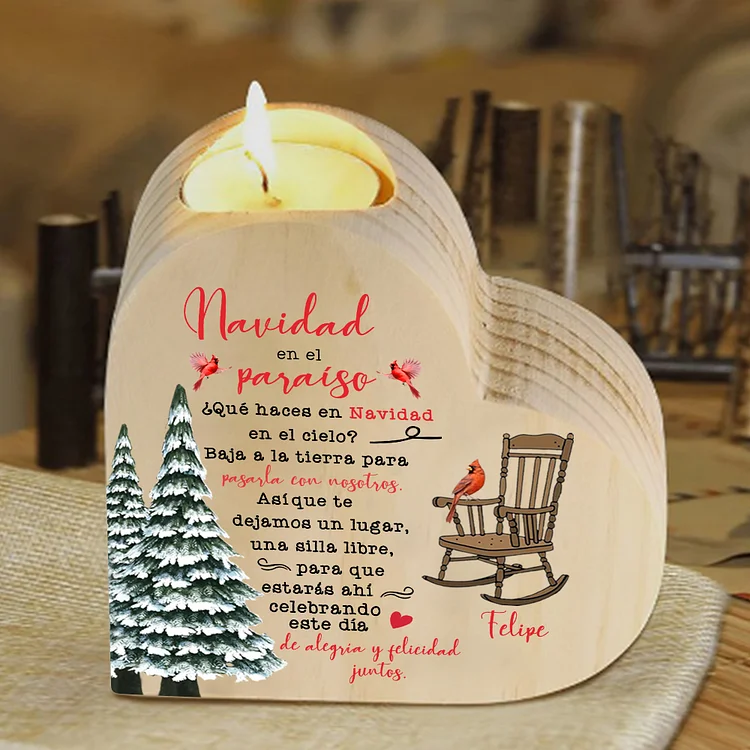 Navidad en el paraíso-Candelero de corazón en memoria de ser querido personalizado con nombre de madera sin vela