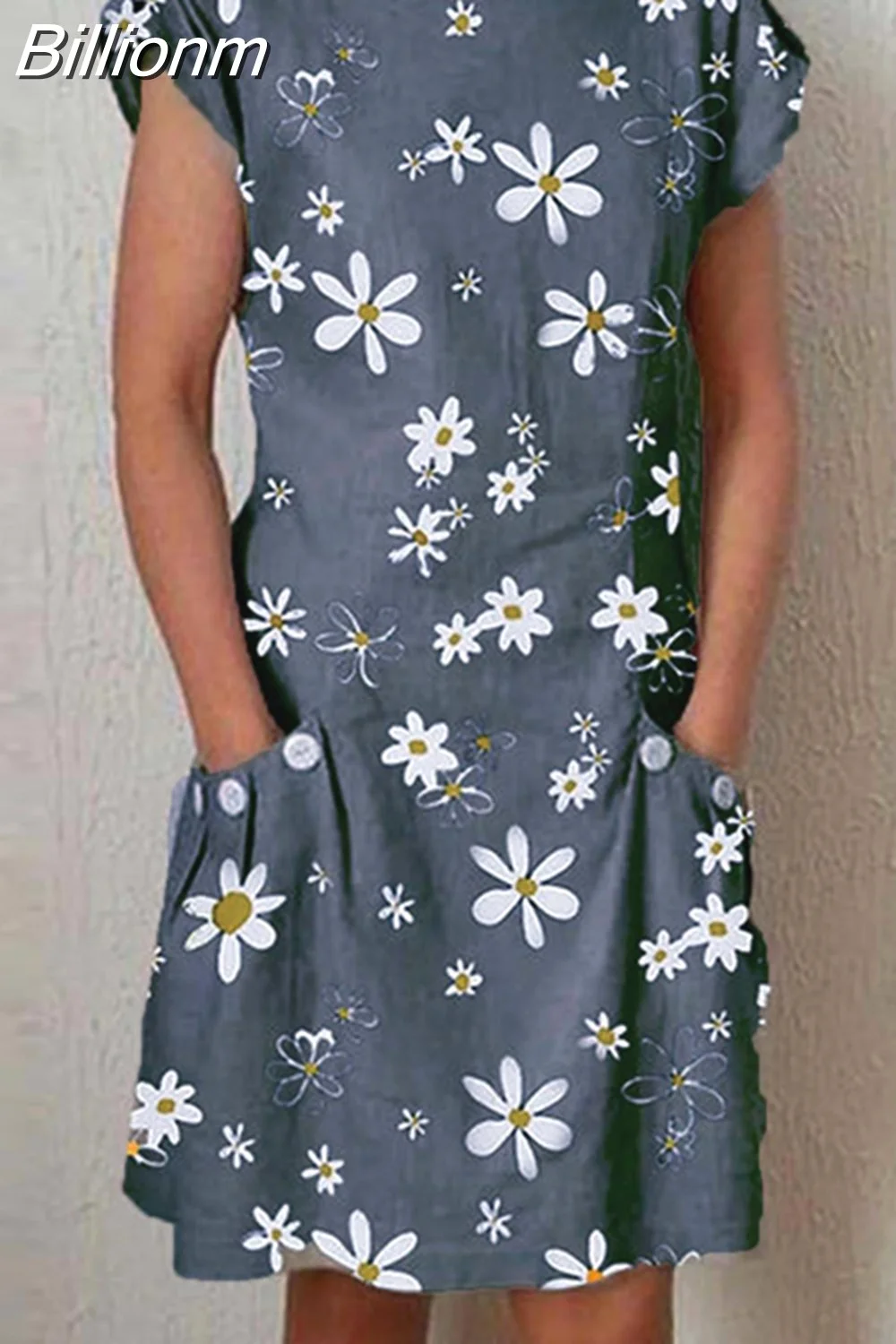 Billionm Color Button O Neck Cotton Linen Summer Dress Women Vintage Short Sleeve Pocket Knee Dress Casual Loose Plus Size Dresses