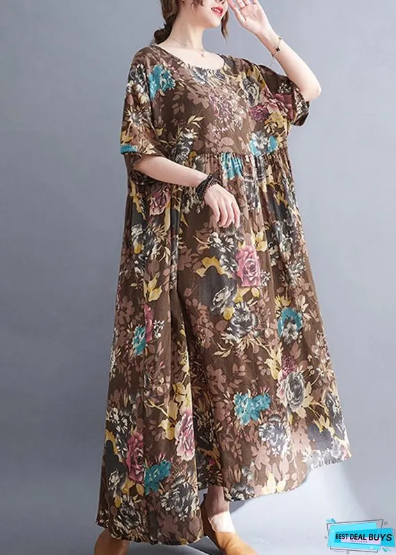 Women Coffee O-Neck Print Maxi Dress Short Sleeve